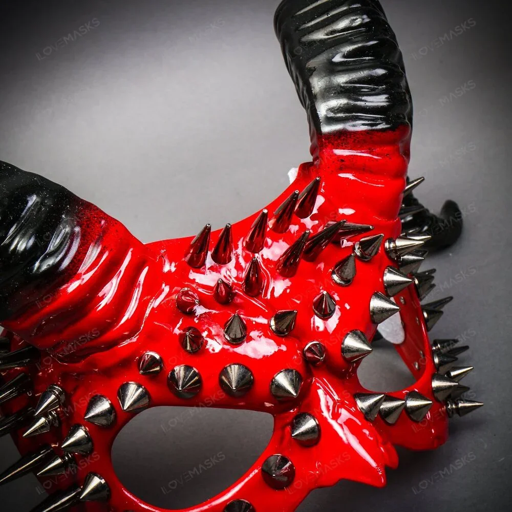 RED Demon Steampunk Spikes Devil w/ Black Twisted Horn Masquerade Halloween Mask